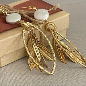 18K/24K Gold Plated Coin Pearl Statement Feather Earrings – Pierced or Clip-On